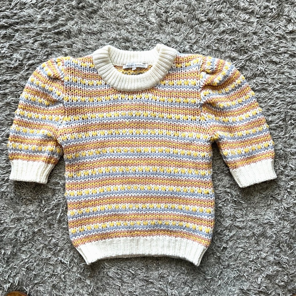 English Factory Chunky Knit XS Striped Puff Sleeve Sweater Pastel Cottagecore